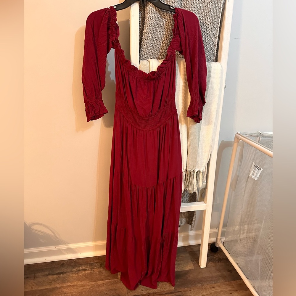 Maroon colored long off the shoulder dress